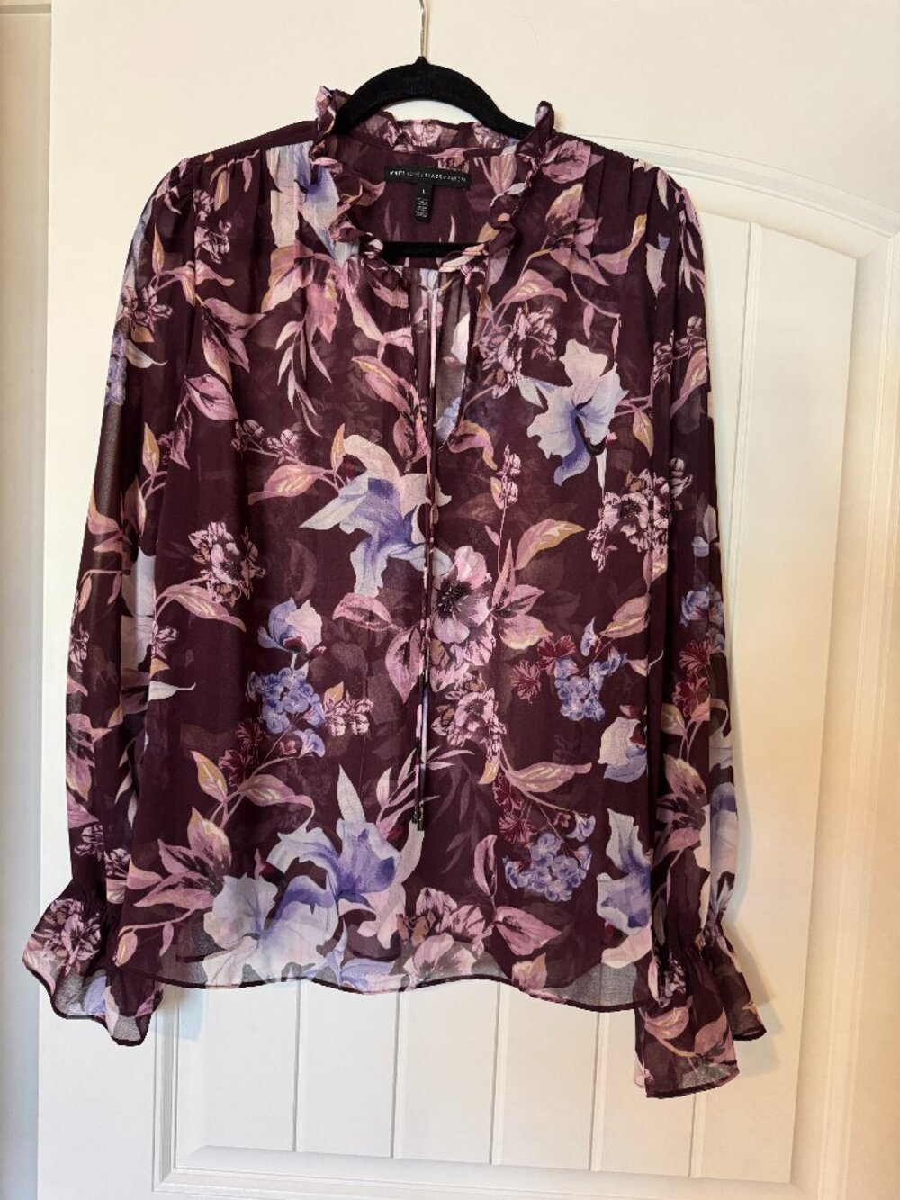 White House Black Market Burgundy Tie Neck with Sheer Sleeves Large